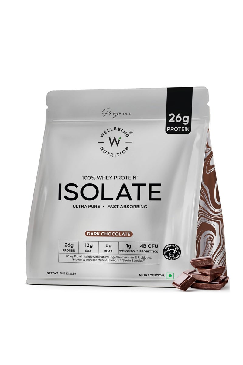 WELLBEING NUTRITION Whey Protein Isolate 1kg Dark Chocolate | 26g Protein, Clinically Proven Velositol for 2x Muscle Protein Synthesis, 4B CFU Probiotics, Digestive Enzymes, Bloat Free, Easy to Digest
