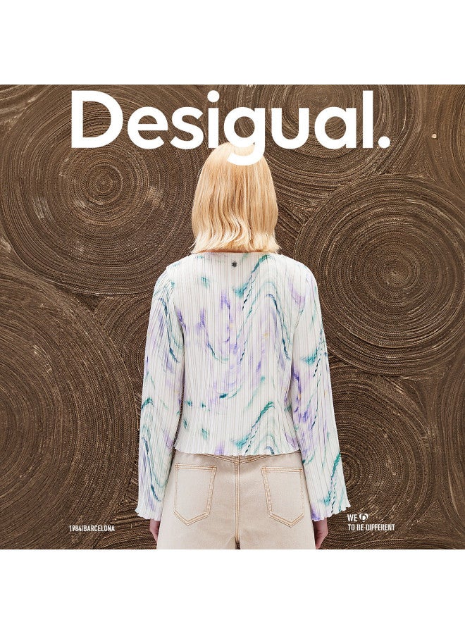 DESIGUAL abstract Floral Print Pleated Bell-sleeve Round Neck Women's Top - Image 5