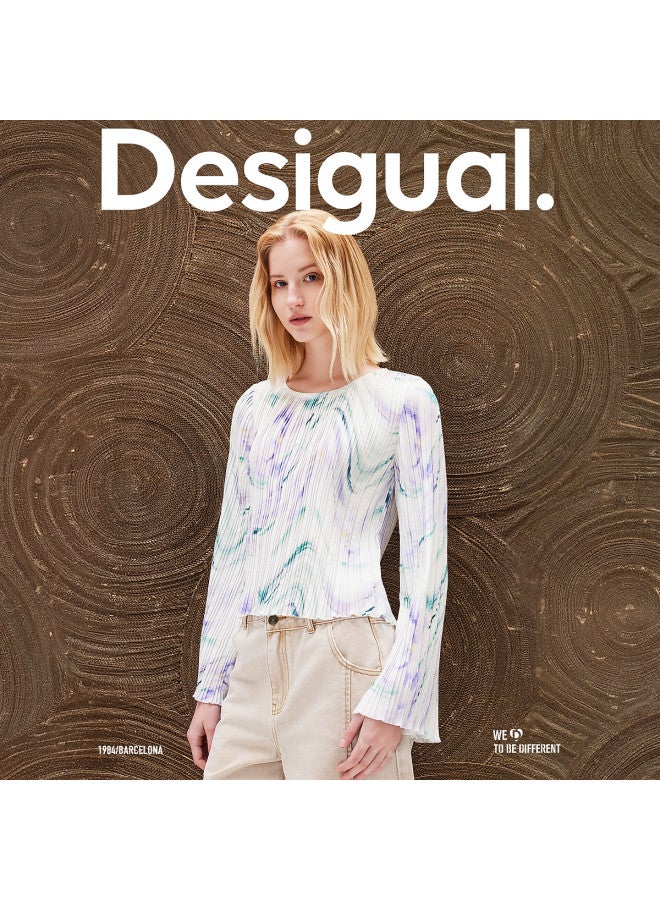 DESIGUAL abstract Floral Print Pleated Bell-sleeve Round Neck Women's Top - Image 3