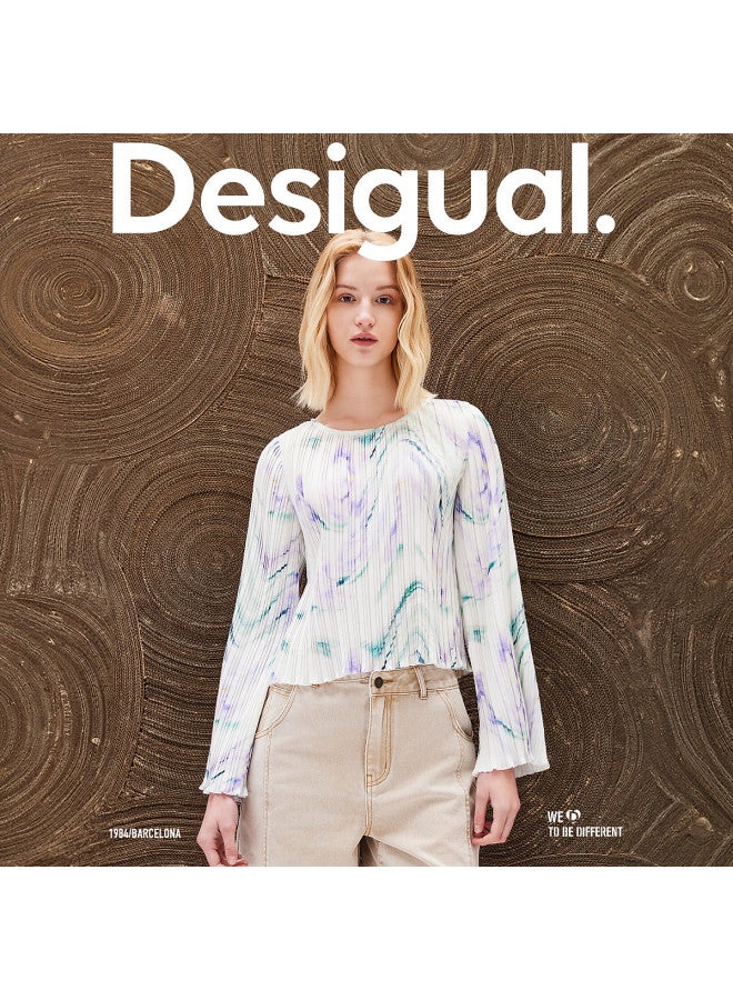 DESIGUAL abstract Floral Print Pleated Bell-sleeve Round Neck Women's Top - Image 4