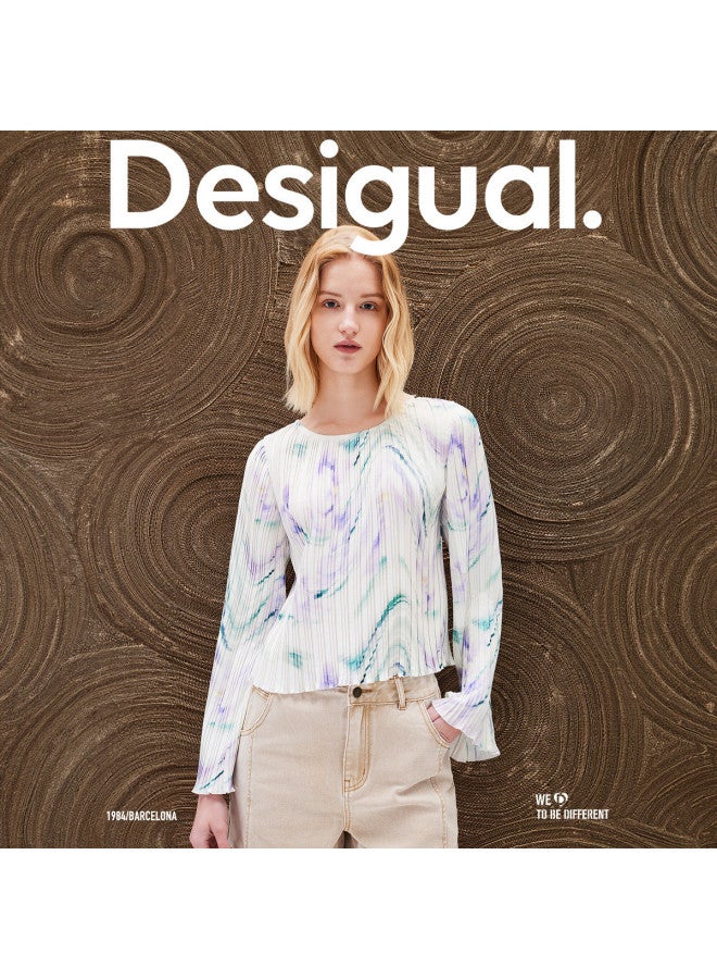 DESIGUAL abstract Floral Print Pleated Bell-sleeve Round Neck Women's Top - Image 2