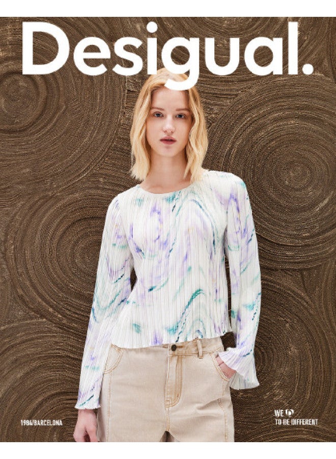 DESIGUAL abstract Floral Print Pleated Bell-sleeve Round Neck Women's Top - Image 1