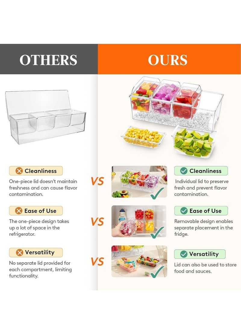 يلا جوي حامل توابل مبرد بالثلج مع 4 حاويات (سعة 2.5 كوب)، موزع توابل بأغطية منفصلة، ​​صينية تقديم مع أطباق قابلة للإزالة لإكسسوارات البار والفواكه والسلطات والتوابل والمقبلات للحفلات (شفاف) - Image 5