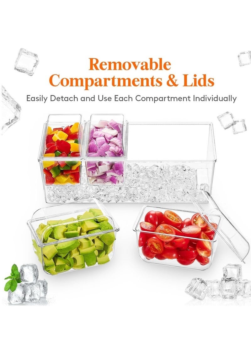 يلا جوي حامل توابل مبرد بالثلج مع 4 حاويات (سعة 2.5 كوب)، موزع توابل بأغطية منفصلة، ​​صينية تقديم مع أطباق قابلة للإزالة لإكسسوارات البار والفواكه والسلطات والتوابل والمقبلات للحفلات (شفاف) - Image 2