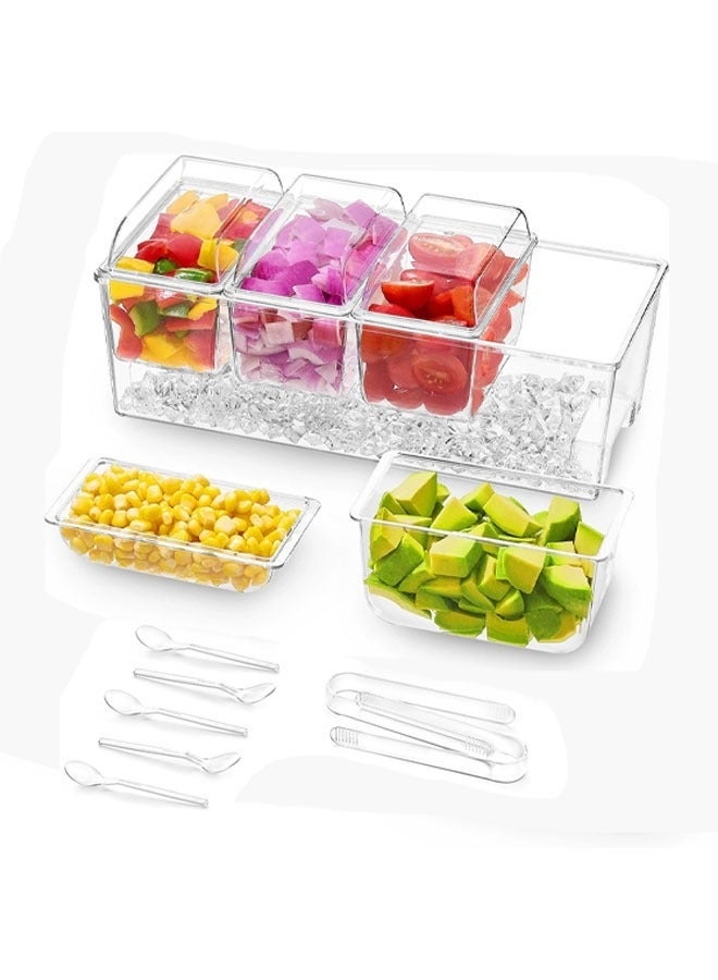 يلا جوي حامل توابل مبرد بالثلج مع 4 حاويات (سعة 2.5 كوب)، موزع توابل بأغطية منفصلة، ​​صينية تقديم مع أطباق قابلة للإزالة لإكسسوارات البار والفواكه والسلطات والتوابل والمقبلات للحفلات (شفاف) - Image 1