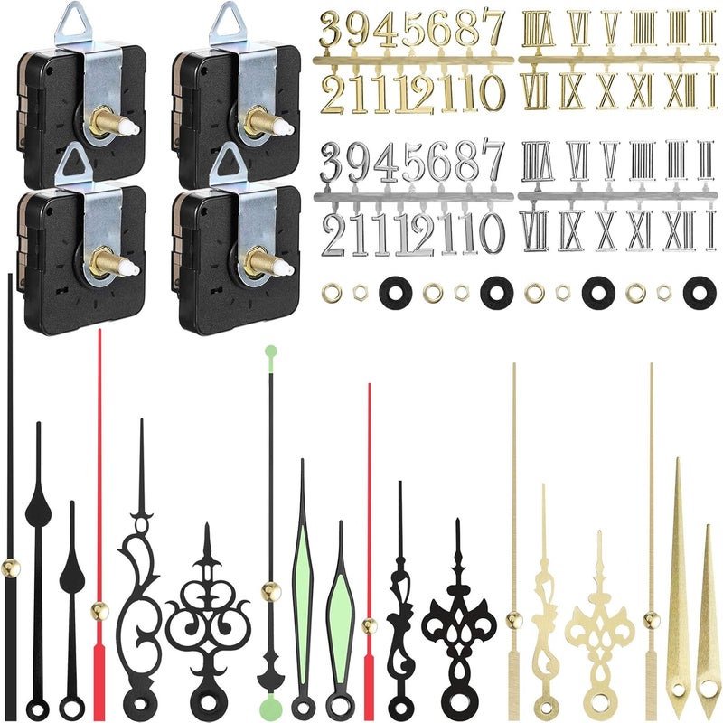 Mudder 4 Pieces Quartz DIY Wall Clock, Clock Numerals Kit, Movement Mechanism Battery Operated Clock Motor Kit with 6 Different Pairs of Hands for DIY Clock Repairment - Image 1