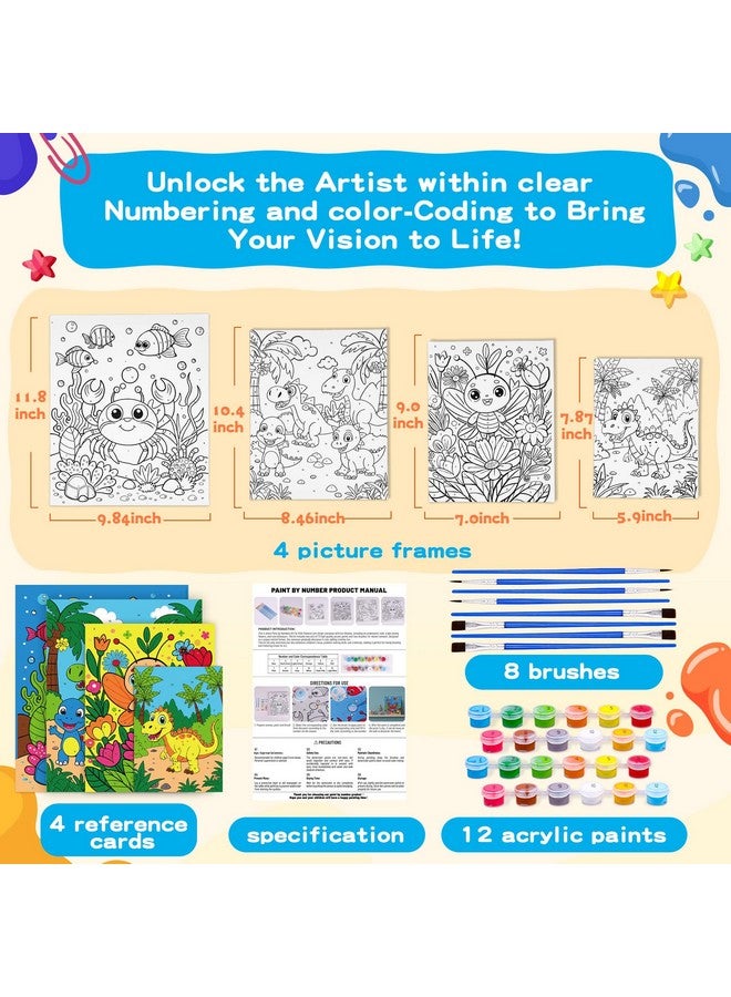 MGparty 4 Pack Paint by Numbers for Kids Ages 6-8 8-12, Pre-Drawn Canvas Painting Kit with 12 Acrylic Paints & 8 Brushes, DIY Canvas Art Kits for Kids Painting Activities, Classroom Crafts, Wall Decor  - Image 3