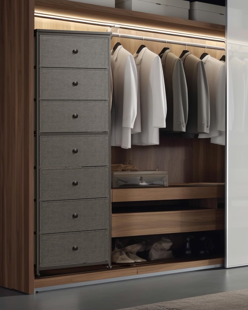Mifuro Tall Fabric Dresser for Bedroom, Vertical Storage Organizer Tower with 7 Drawers, Chest of Drawers with Bins, Steel Frame, Wood Top for Bedroom, Closet, Entryway Grey - Image 3