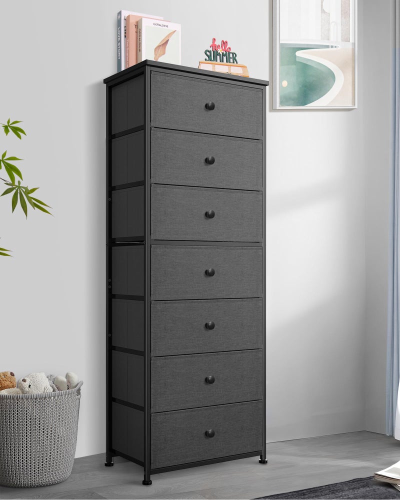 Mifuro Tall Fabric Dresser for Bedroom, Vertical Storage Organizer Tower with 7 Drawers, Chest of Drawers with Bins, Steel Frame, Wood Top for Bedroom, Closet, Entryway Grey - Image 2