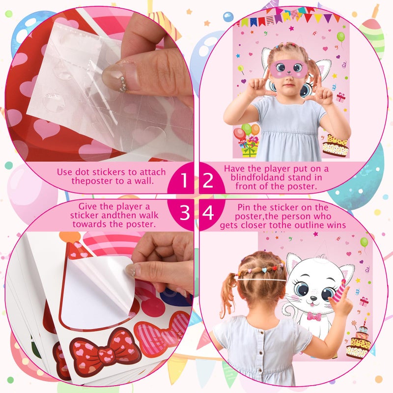 PLULON Cat Party Game for Kids Pin The Hat Bow Tie on The Cat Birthday Game Poster for Boy Girl Birthday Summer Party Favors Wall Decorations Classroom Activities - Image 4
