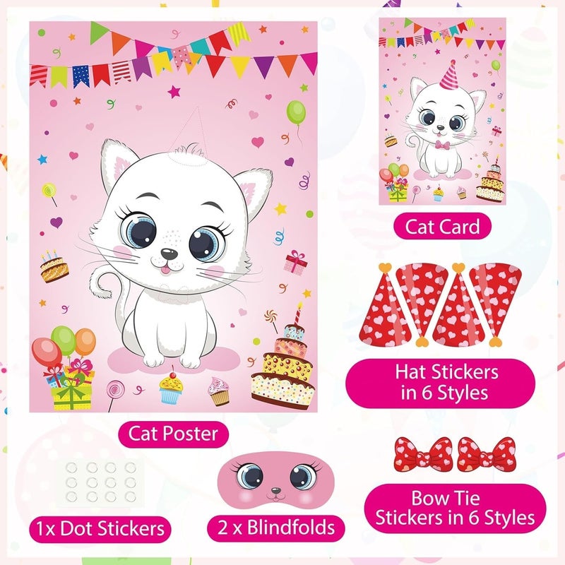 PLULON Cat Party Game for Kids Pin The Hat Bow Tie on The Cat Birthday Game Poster for Boy Girl Birthday Summer Party Favors Wall Decorations Classroom Activities - Image 3