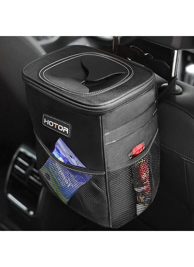 Trash Can With Lid And Storage Pockets 100 Leak-Proof Organizer Waterproof Garbage Can Multipurpose Trash Bin For Car - Black