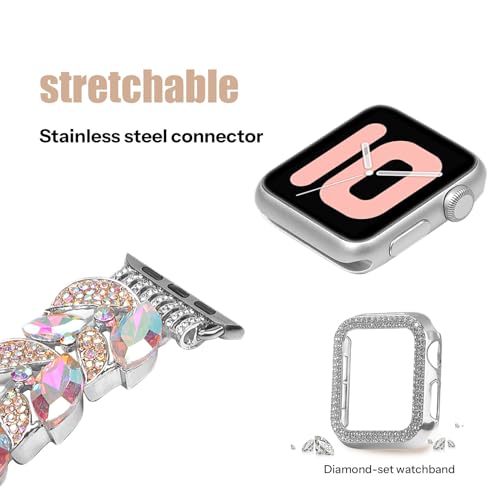 VIQIV Bling Dressy Bracelet with Case Compatible with Apple Watch Bands Series SE/SE2/6/5/4 44mm for Women Strethy, Cute Slim Metal Wristband Strap for iWatch Bands, 44mm Silver Color - Image 3