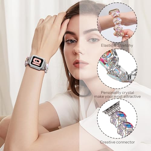 VIQIV Bling Dressy Bracelet with Case Compatible with Apple Watch Bands Series SE/SE2/6/5/4 44mm for Women Strethy, Cute Slim Metal Wristband Strap for iWatch Bands, 44mm Silver Color - Image 2