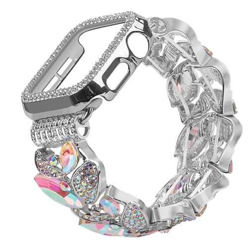 VIQIV Bling Dressy Bracelet with Case Compatible with Apple Watch Bands Series SE/SE2/6/5/4 44mm for Women Strethy, Cute Slim Metal Wristband Strap for iWatch Bands, 44mm Silver Color - Image 1