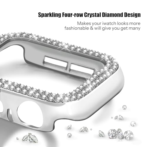 VIQIV Bling Dressy Bracelet with Case Compatible with Apple Watch Bands Series SE/SE2/6/5/4 44mm for Women Strethy, Cute Slim Metal Wristband Strap for iWatch Bands, 44mm Silver Color - Image 5
