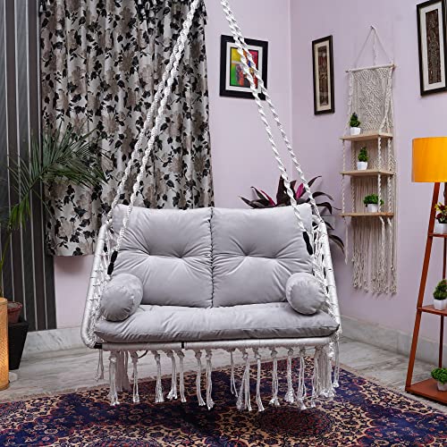 Patiofy Cotton Premium White Double Seater Hanging Swing/ 2 Seater Swing For Balcony/Swing For Adults For Home For 2 People/Jhula With Grey Full Body Sitting Cushion & Hanging Kit - Image 1