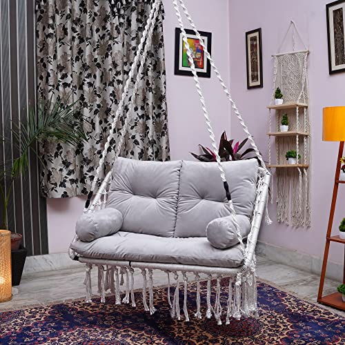 Patiofy Cotton Premium White Double Seater Hanging Swing/ 2 Seater Swing For Balcony/Swing For Adults For Home For 2 People/Jhula With Grey Full Body Sitting Cushion & Hanging Kit - Image 3