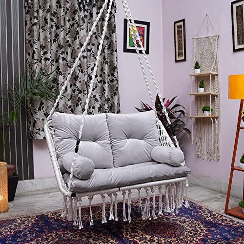 Patiofy Cotton Premium White Double Seater Hanging Swing/ 2 Seater Swing For Balcony/Swing For Adults For Home For 2 People/Jhula With Grey Full Body Sitting Cushion & Hanging Kit - Image 2