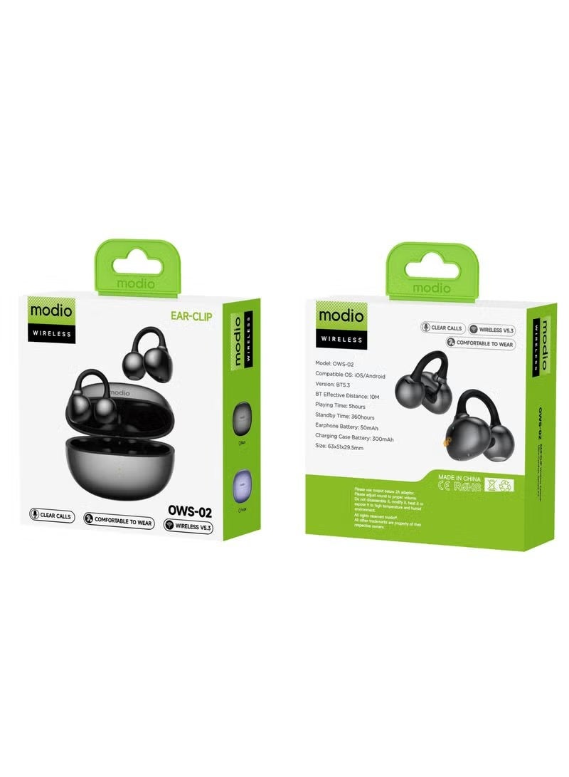 modio OWS-02 Wireless Ear-Clip Earbuds with Charging Case, Multi-Functional Touch Control, Crystal Clear Microphone, Long Battery Life, Comfortable Fit, Stylish Purple - Image 4