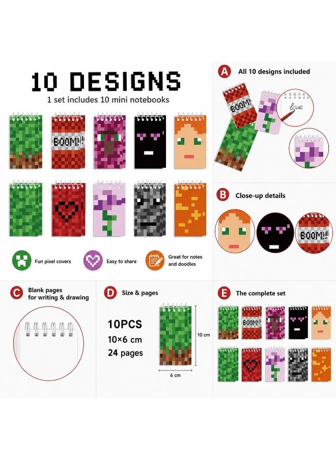 Tanyaz Pixel Art Mini Notebooks, 10 Pcs Top Spiral Notepads, 24 Pages Each, Blank Pocket Memo Pads for Notes Doodles Lists Gifts and Daily Use (10*6 CM) - Image 2