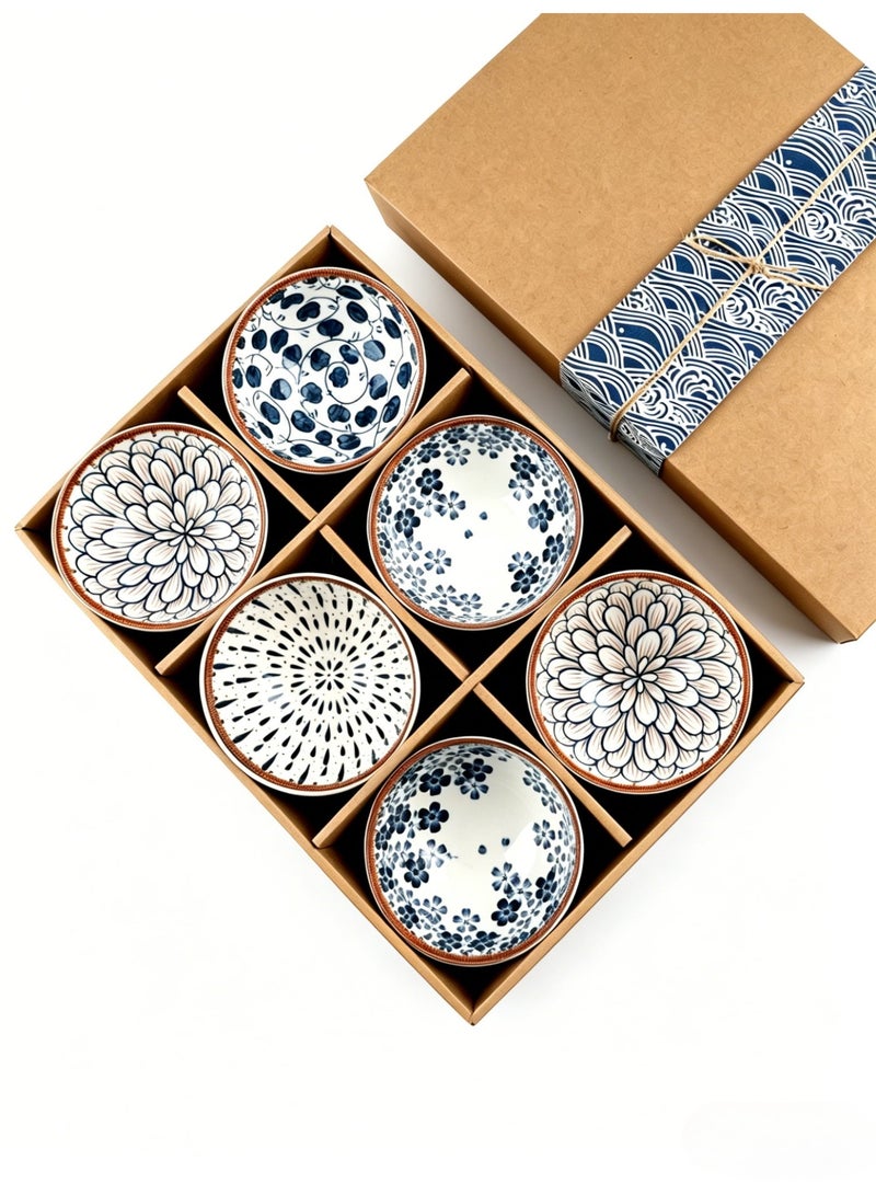 6 Piece Japanese Style Ceramic Bowls Set With Hand Painted Underglaze Patterns Non Slip Base Microwave And Dishwasher Safe For Home Use White Patterns Microwave Safe For Kitchen And Dining - Image 1