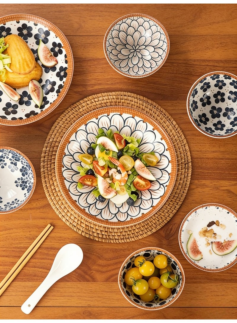6 Piece Japanese Style Ceramic Bowls Set With Hand Painted Underglaze Patterns Non Slip Base Microwave And Dishwasher Safe For Home Use White Patterns Microwave Safe For Kitchen And Dining - Image 4