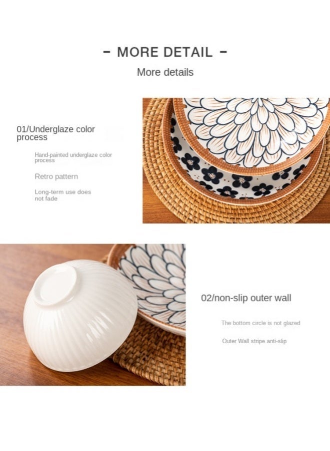 6 Piece Japanese Style Ceramic Bowls Set With Hand Painted Underglaze Patterns Non Slip Base Microwave And Dishwasher Safe For Home Use White Patterns Microwave Safe For Kitchen And Dining - Image 3