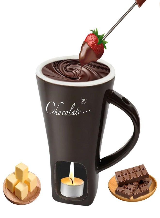 SEILETOO Fondue Cup, Chocolate Melting Fondue Mug with Fork and Candles, Ceramic Chocolate Melting Cup, For Cheese Butter, Date Night, Movie Night, Birthday, Wedding, Housewarming Gift - Image 1