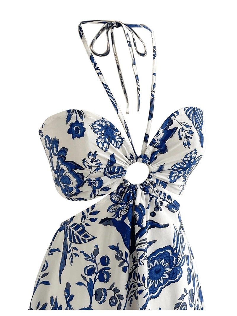 Floerns Women's Floral Halter Neck Vacation Dress Sleeveless Cut Out Boho Cami Dress Blue and White Small - Image 5