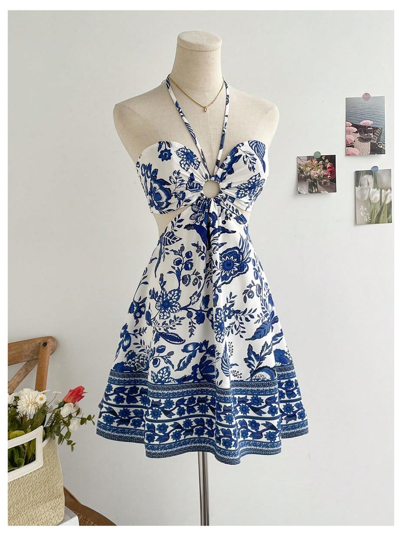 Floerns Women's Floral Halter Neck Vacation Dress Sleeveless Cut Out Boho Cami Dress Blue and White Small - Image 3