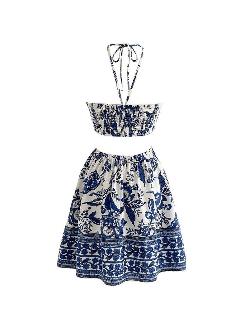 Floerns Women's Floral Halter Neck Vacation Dress Sleeveless Cut Out Boho Cami Dress Blue and White Small - Image 4