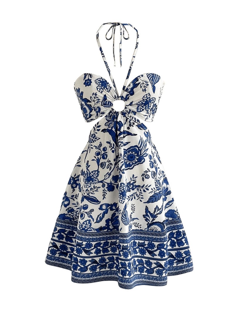Floerns Women's Floral Halter Neck Vacation Dress Sleeveless Cut Out Boho Cami Dress Blue and White Small - Image 1
