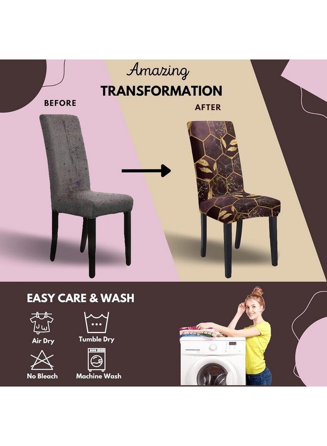 BRIDA® Stretchable Floral Printed Dining Chair Covers Elastic Chair Seat Case Protector, Slipcovers (6 Chair Cover, Golden Hexagon), Polycotton Spandex - Image 5