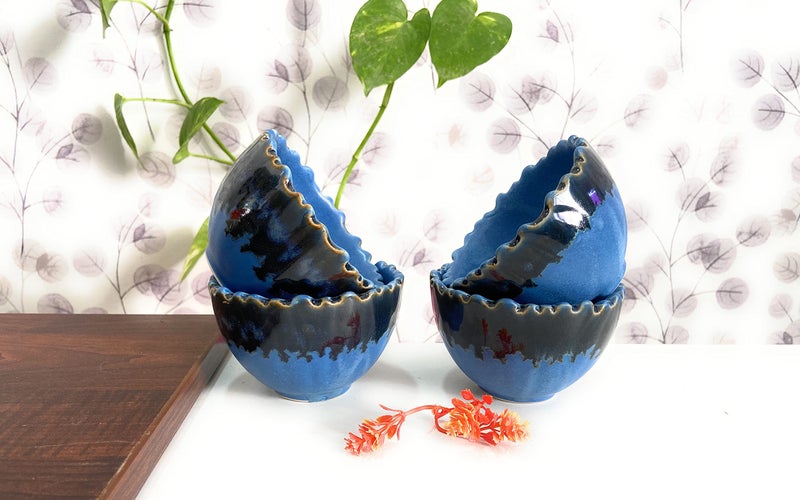 ALTAICA Ceramic Soup Bowls Set of 4 Handcrafted Dual Glazed Studio Pottery - Serving for Soup, Dessert,Dish, Blue Colour, 300 ml - Image 3