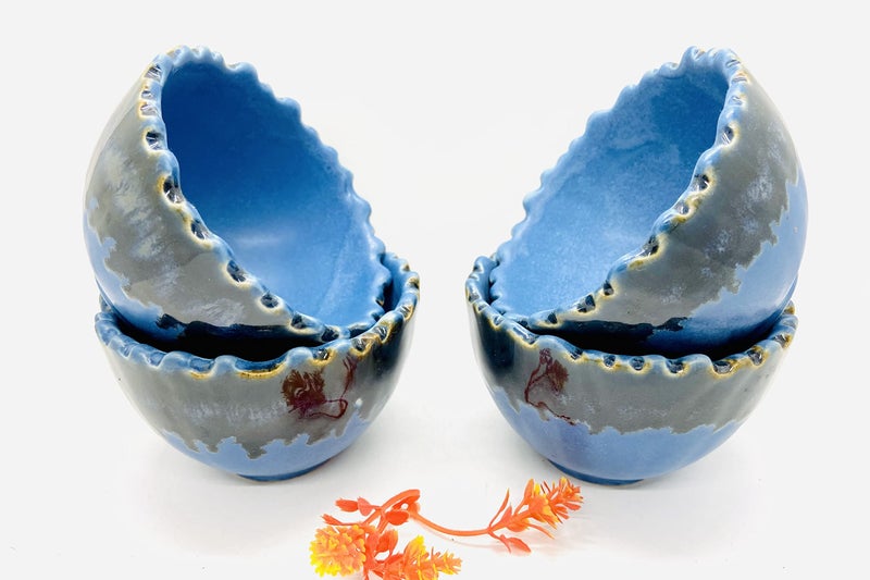 ALTAICA Ceramic Soup Bowls Set of 4 Handcrafted Dual Glazed Studio Pottery - Serving for Soup, Dessert,Dish, Blue Colour, 300 ml - Image 4