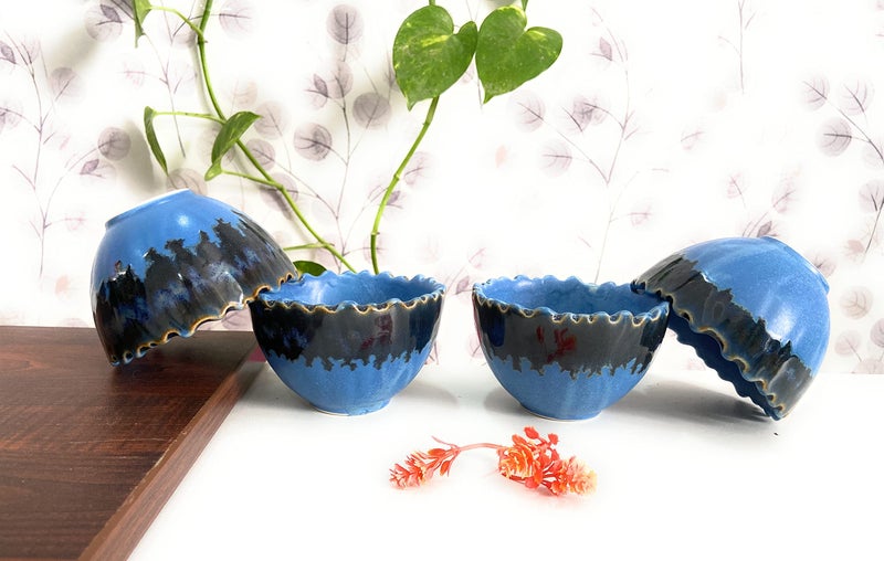 ALTAICA Ceramic Soup Bowls Set of 4 Handcrafted Dual Glazed Studio Pottery - Serving for Soup, Dessert,Dish, Blue Colour, 300 ml - Image 1