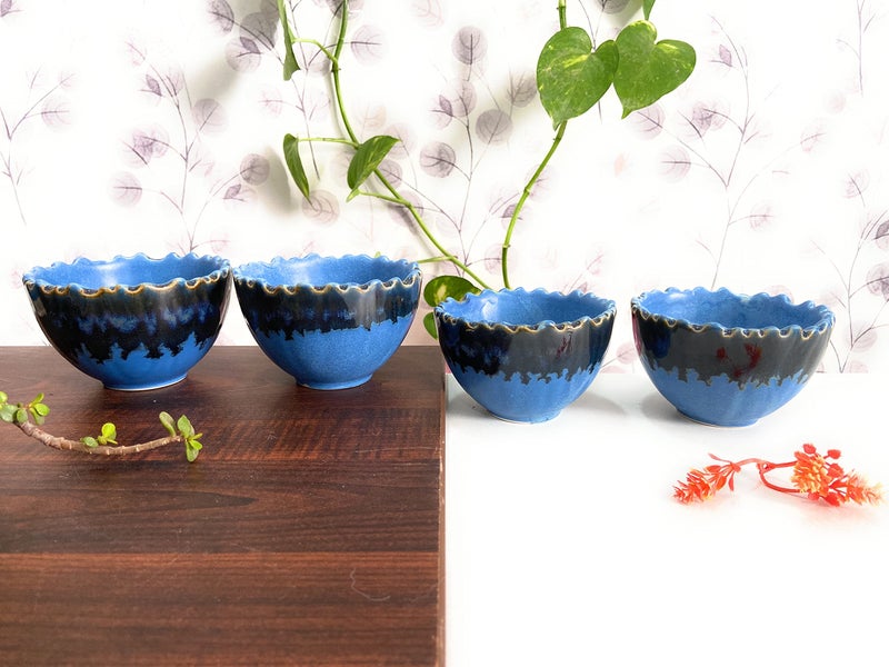 ALTAICA Ceramic Soup Bowls Set of 4 Handcrafted Dual Glazed Studio Pottery - Serving for Soup, Dessert,Dish, Blue Colour, 300 ml - Image 2