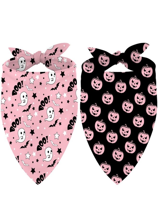 Whaline 2Pcs Halloween Dog Bandana Black Pink Pumpkin Ghost Pet Scarf Washable Reusable Adjustable Fit Female Halloween Bandanas for Medium Large Dogs Pets Costume Supply - Image 1