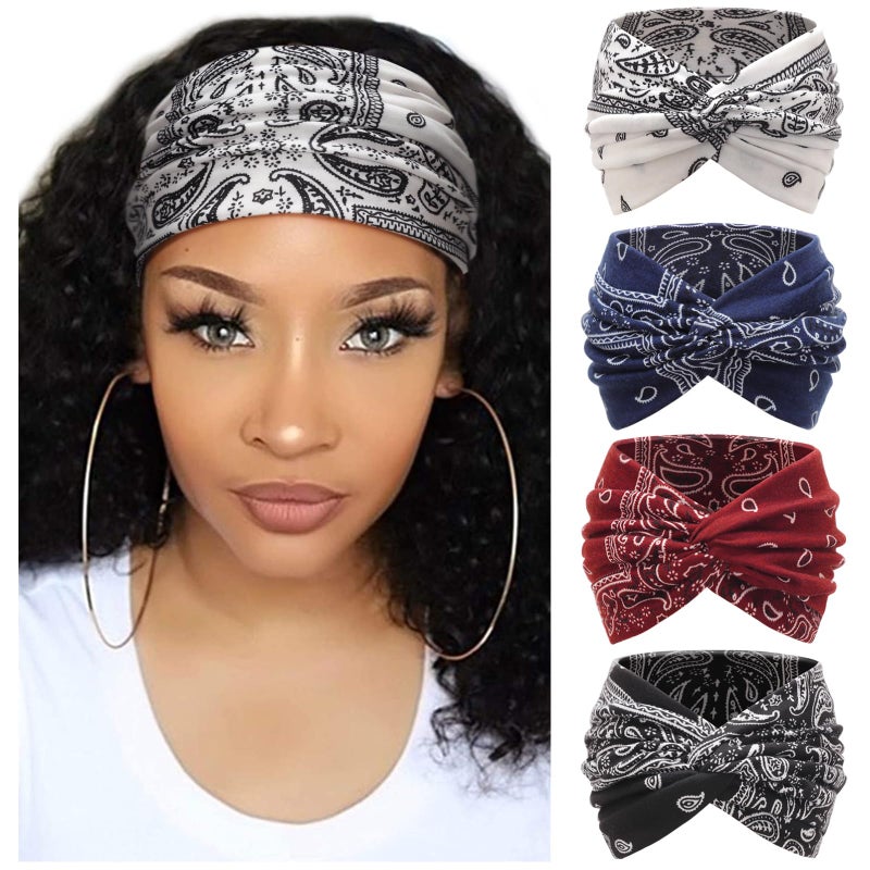 DRESHOW 4 Pack Turban Headbands for Women Wide Vintage Head Wraps Knotted Cute Hair Band Accessories - Image 1