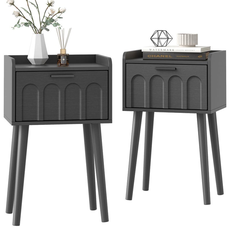 LAATOOREE Nightstand Set of 2, Mid- Century Small Side End Table with Arced Door, Bedside Tables with Solid Wood Legs for Bedroom, Living Room (Black) - Image 1
