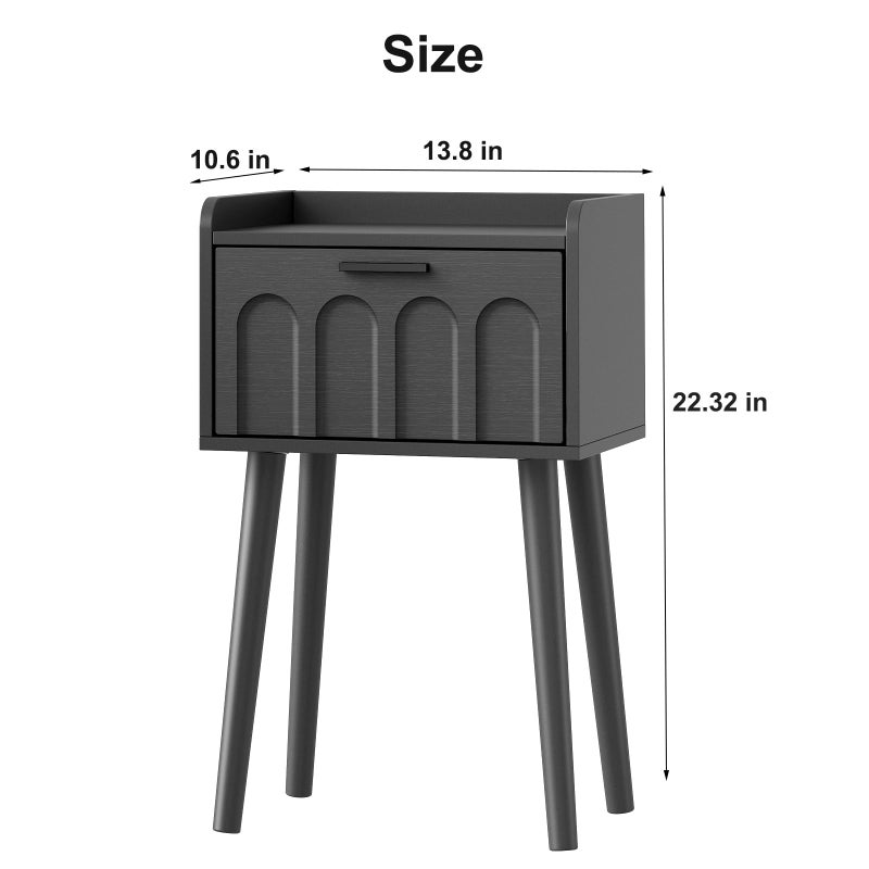 LAATOOREE Nightstand Set of 2, Mid- Century Small Side End Table with Arced Door, Bedside Tables with Solid Wood Legs for Bedroom, Living Room (Black) - Image 2