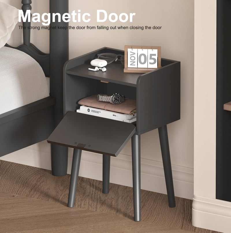 LAATOOREE Nightstand Set of 2, Mid- Century Small Side End Table with Arced Door, Bedside Tables with Solid Wood Legs for Bedroom, Living Room (Black) - Image 4