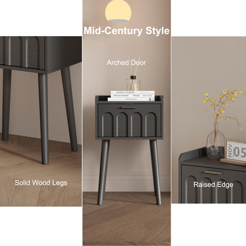LAATOOREE Nightstand Set of 2, Mid- Century Small Side End Table with Arced Door, Bedside Tables with Solid Wood Legs for Bedroom, Living Room (Black) - Image 5