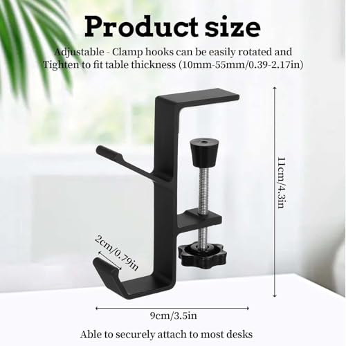 DHVSAM 2Pcs Clamp-On Under Desk Headphone Holder Backpack Hook Students' Desk Hook with Adjustable Arm Clamp Women's Bag Handbag and Purse Holder - Suitable for Plate Between 1-5cm / 0.4-1.96” - Black - Image 2