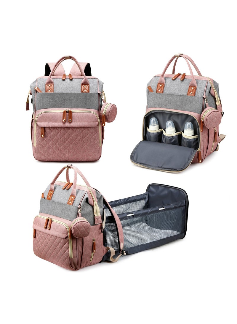 1pc Diaper Bag Backpack, Trendy Bag, Diaper Backpack Bag With A Changing Station, Multifunction Waterproof Large Travel Back Pack, Baby Shower Gift-Pink Gray - Image 1