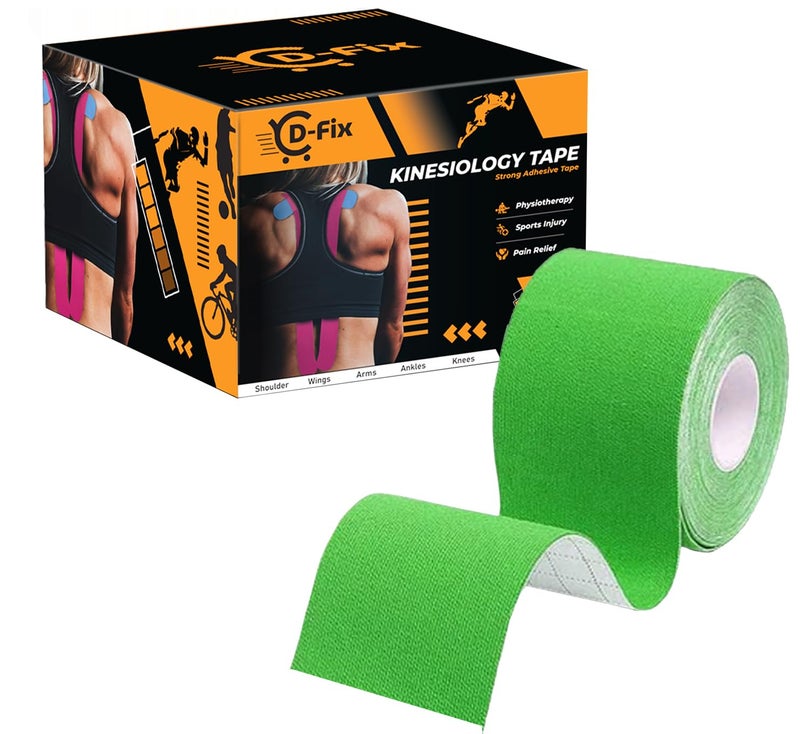 D-Fix شريط كينيسيو (5 م × 5 سم) خالي من اللاتكس وقابل للتنفس لشريط رياضي للإصابات، دعم العضلات، تخفيف الألم، دعم المفاصل والعلاج الطبيعي - أخضر - Image 1