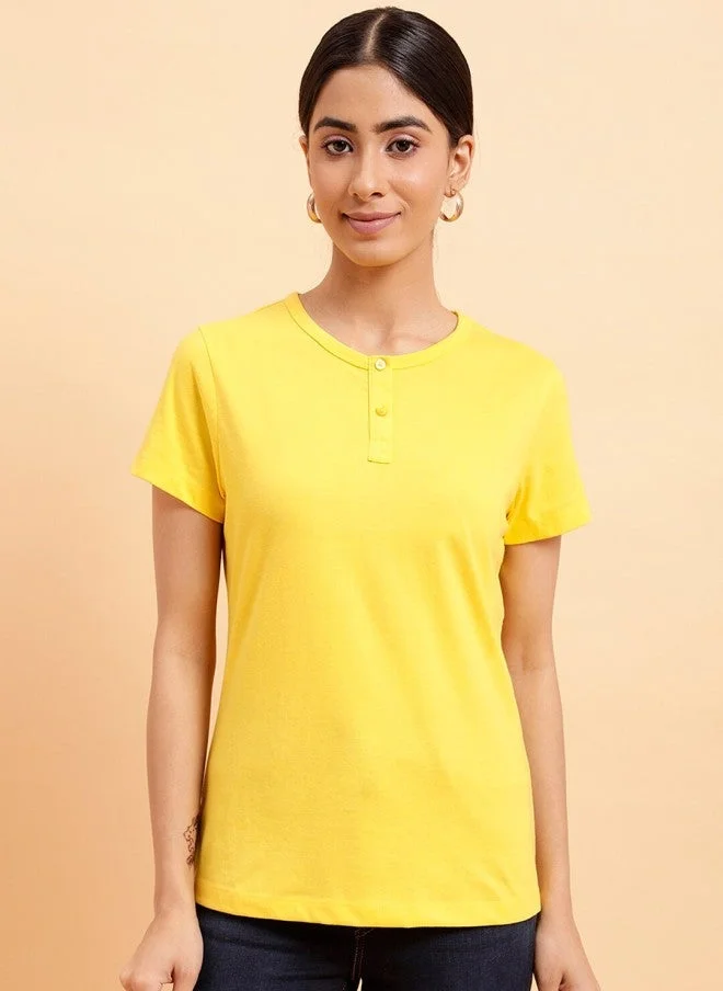 MINT STREET Yellow Henley Neck Cotton T-Shirt for Women