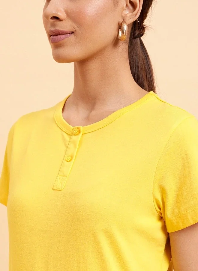 MINT STREET Yellow Henley Neck Cotton T-Shirt for Women