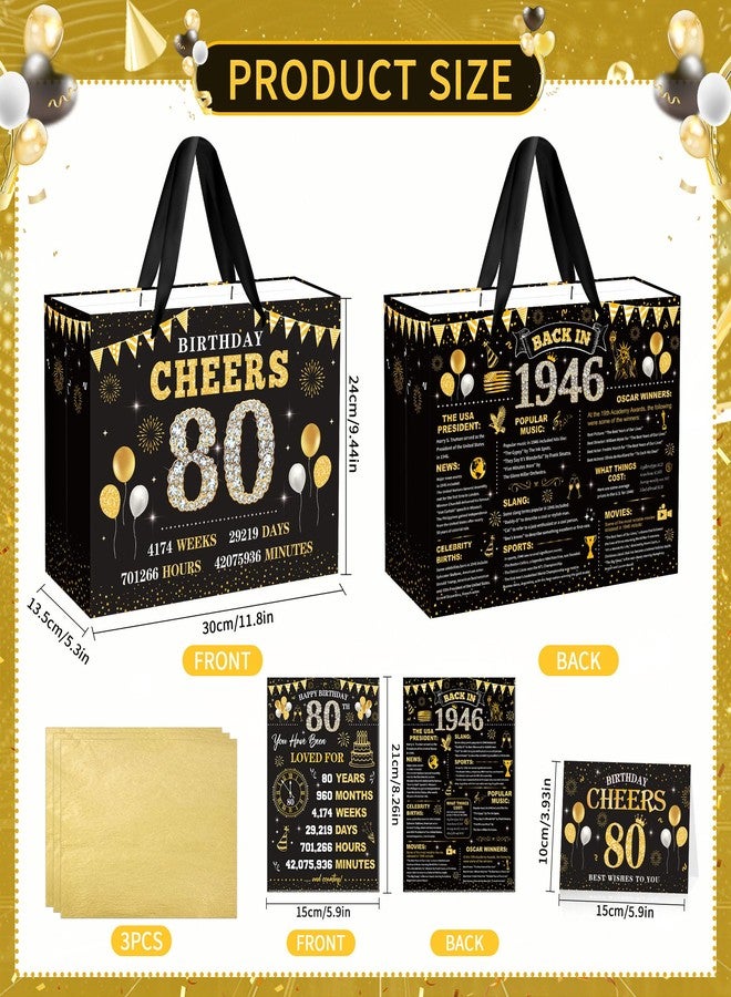 EoBeCy 80th Birthday Gift Bags for Men Women, Back in 1946 Gift Bag with Tissue Paper, Poster and Greeting Card, Black Gold Wrapping Paper for 80 Year Old Birthday Decorations - Image 3